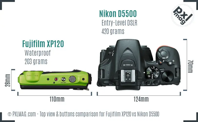 Fujifilm XP120 vs Nikon D5500 top view buttons comparison