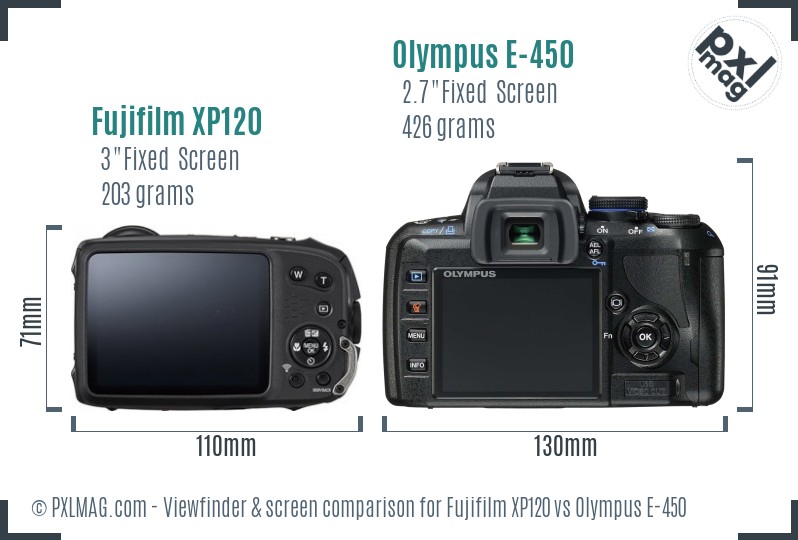 Fujifilm XP120 vs Olympus E-450 Screen and Viewfinder comparison
