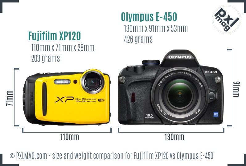 Fujifilm XP120 vs Olympus E-450 size comparison
