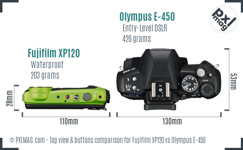 Fujifilm XP120 vs Olympus E-450 top view buttons comparison
