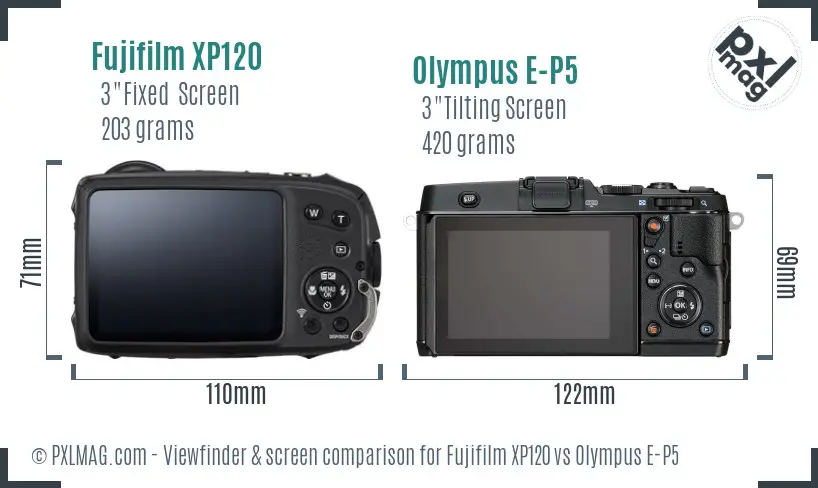 Fujifilm XP120 vs Olympus E-P5 Screen and Viewfinder comparison