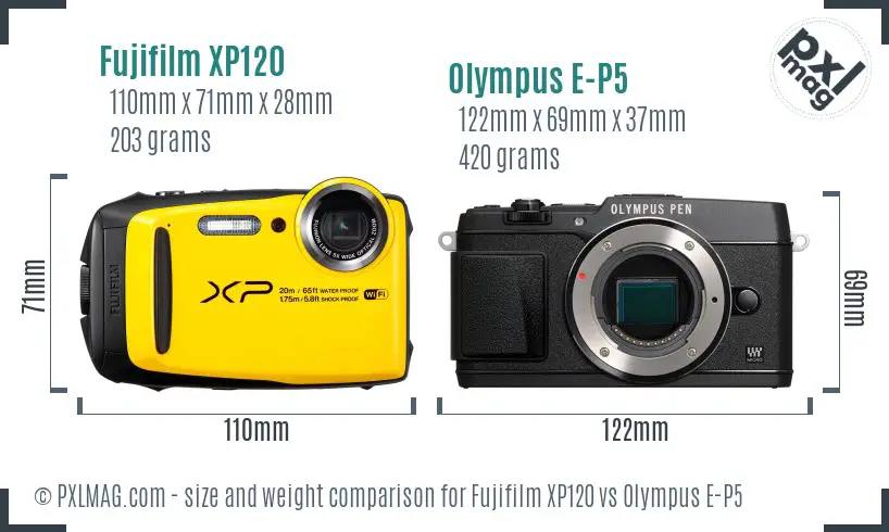 Fujifilm XP120 vs Olympus E-P5 size comparison
