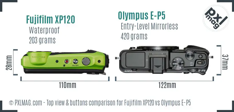 Fujifilm XP120 vs Olympus E-P5 top view buttons comparison
