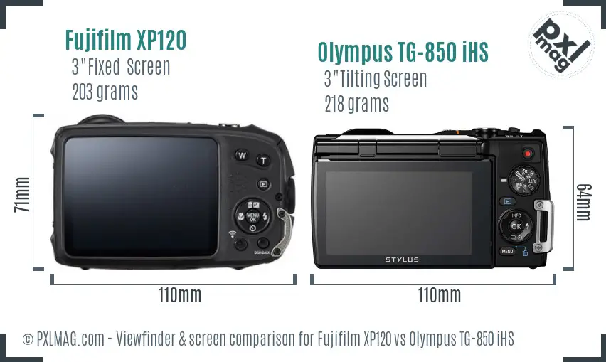 Fujifilm XP120 vs Olympus TG-850 iHS Screen and Viewfinder comparison