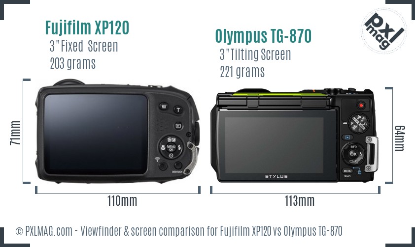 Fujifilm XP120 vs Olympus TG-870 Screen and Viewfinder comparison