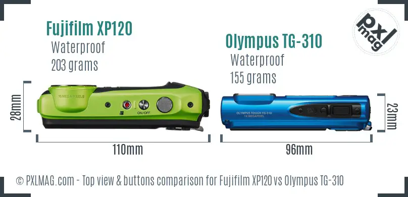 Fujifilm XP120 vs Olympus TG-310 top view buttons comparison Fujifilm XP120 vs Olympus TG-310 top view buttons comparison
