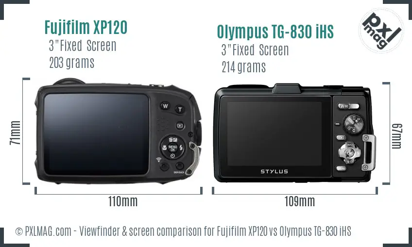 Fujifilm XP120 vs Olympus TG-830 iHS Screen and Viewfinder comparison