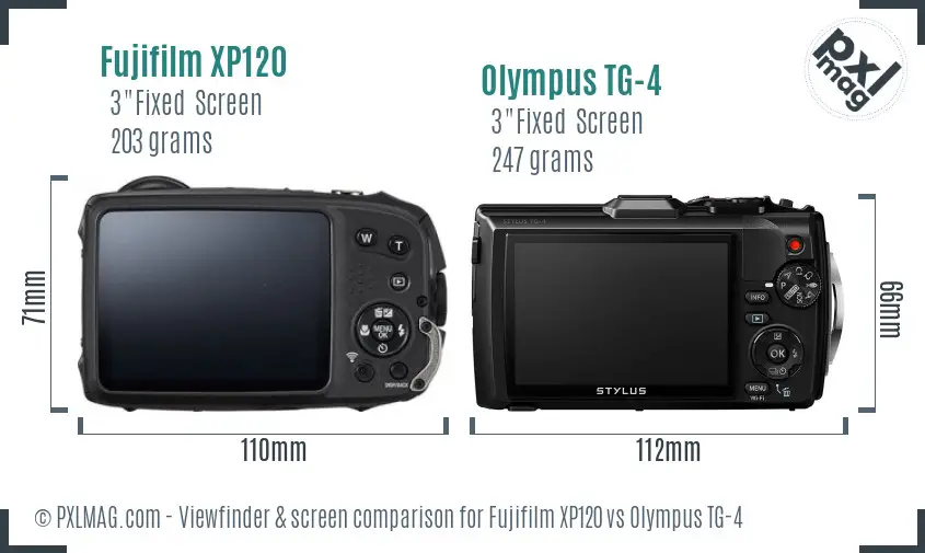 Fujifilm XP120 vs Olympus TG-4 Screen and Viewfinder comparison