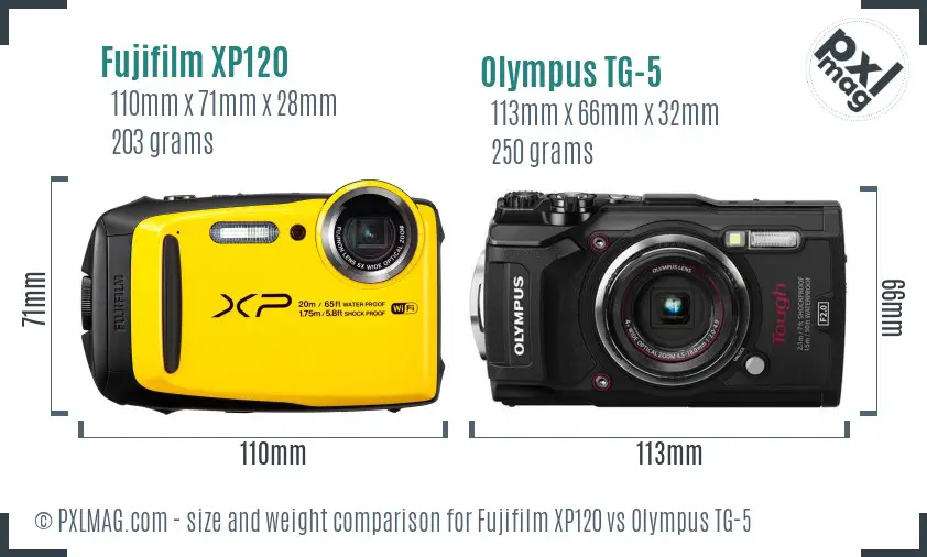 Fujifilm XP120 vs Olympus TG-5 size comparison