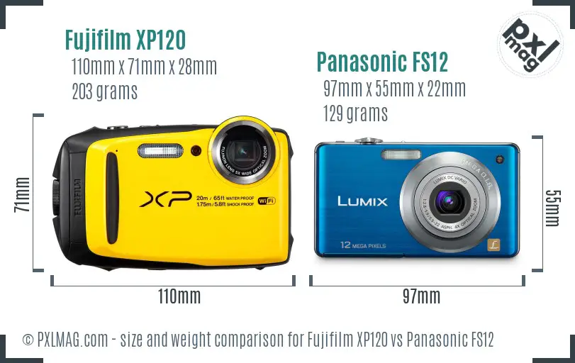 Fujifilm XP120 vs Panasonic FS12 size comparison