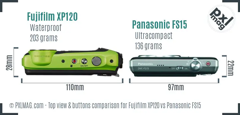 Fujifilm XP120 vs Panasonic FS15 top view buttons comparison Fujifilm XP120 vs Panasonic FS15 top view buttons comparison