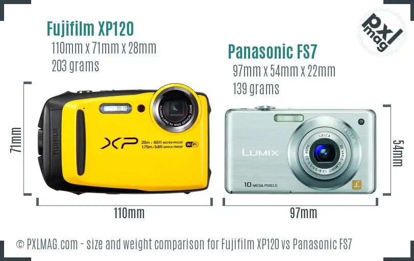 Fujifilm XP120 vs Panasonic FS7 size comparison