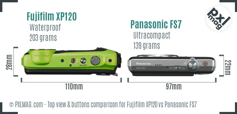 Fujifilm XP120 vs Panasonic FS7 top view buttons comparison