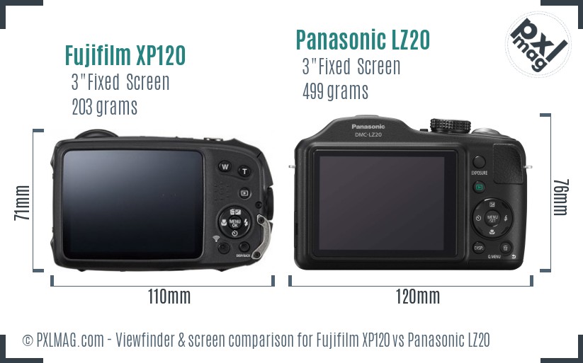 Fujifilm XP120 vs Panasonic LZ20 Screen and Viewfinder comparison