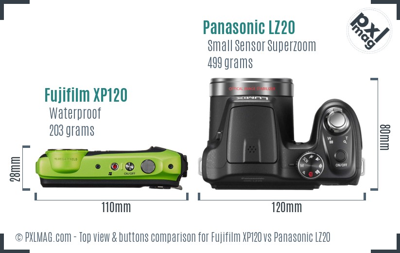 Fujifilm XP120 vs Panasonic LZ20 top view buttons comparison