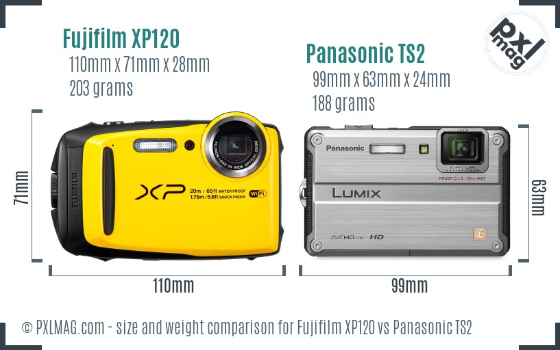 Fujifilm XP120 vs Panasonic TS2 size comparison