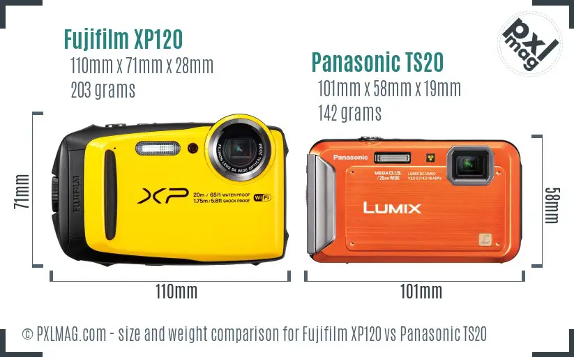 Fujifilm XP120 vs Panasonic TS20 size comparison