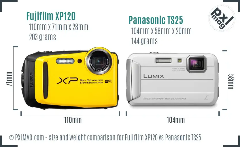 Fujifilm XP120 vs Panasonic TS25 size comparison
