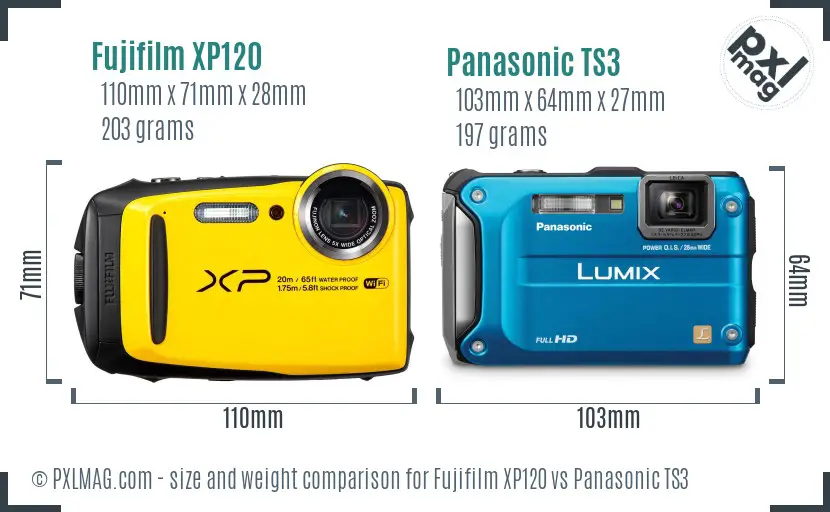 Fujifilm XP120 vs Panasonic TS3 size comparison