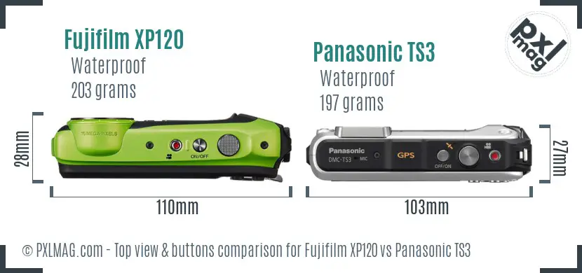 Fujifilm XP120 vs Panasonic TS3 top view buttons comparison