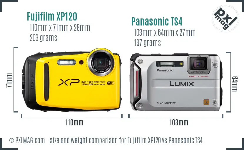 Fujifilm XP120 vs Panasonic TS4 size comparison