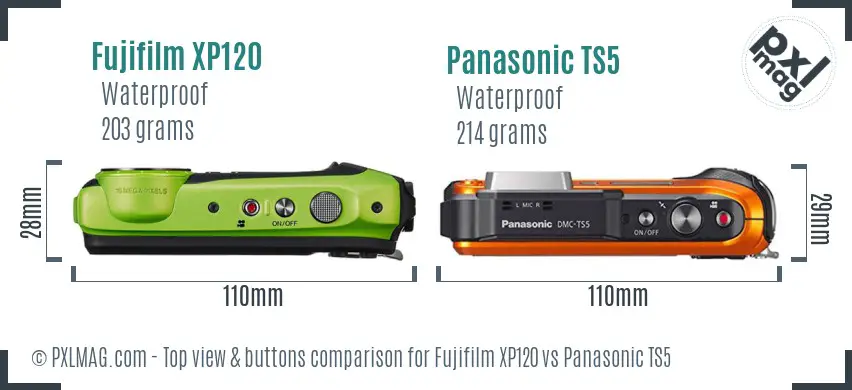 Fujifilm XP120 vs Panasonic TS5 top view buttons comparison