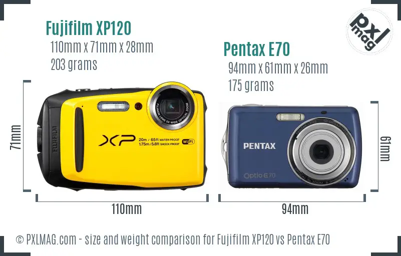 Fujifilm XP120 vs Pentax E70 size comparison