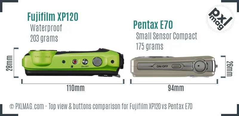 Fujifilm XP120 vs Pentax E70 top view buttons comparison