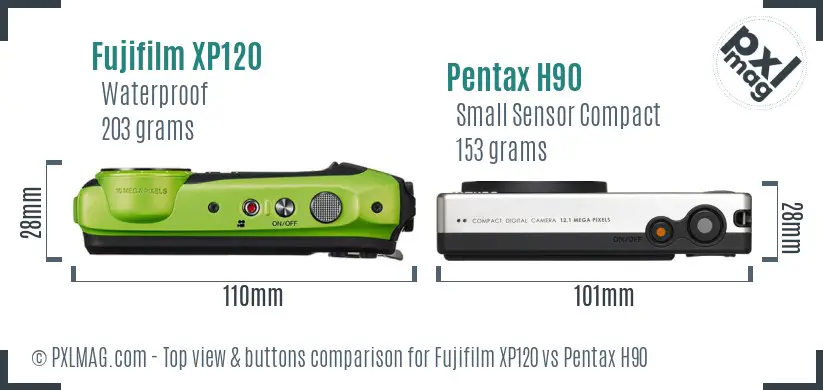 Fujifilm XP120 vs Pentax H90 top view buttons comparison