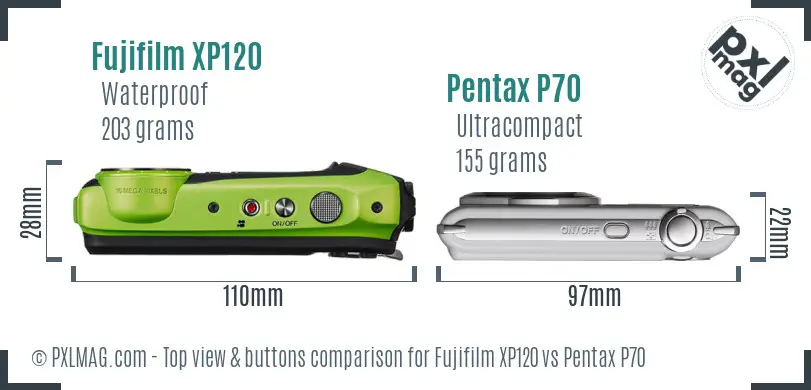 Fujifilm XP120 vs Pentax P70 top view buttons comparison