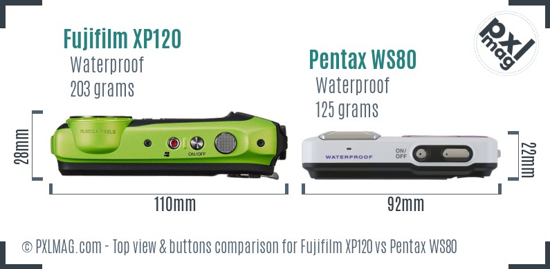 Fujifilm XP120 vs Pentax WS80 top view buttons comparison
