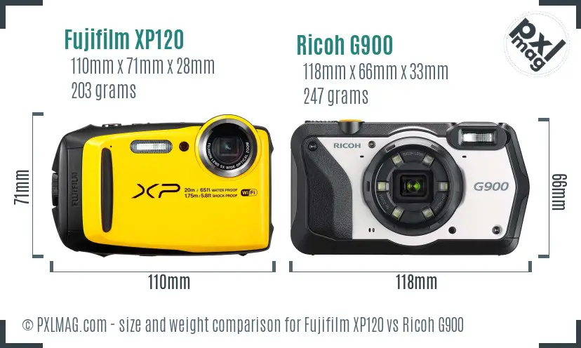 Fujifilm XP120 vs Ricoh G900 size comparison