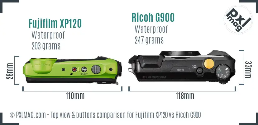 Fujifilm XP120 vs Ricoh G900 top view buttons comparison