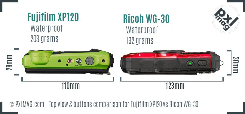 Fujifilm XP120 vs Ricoh WG-30 top view buttons comparison