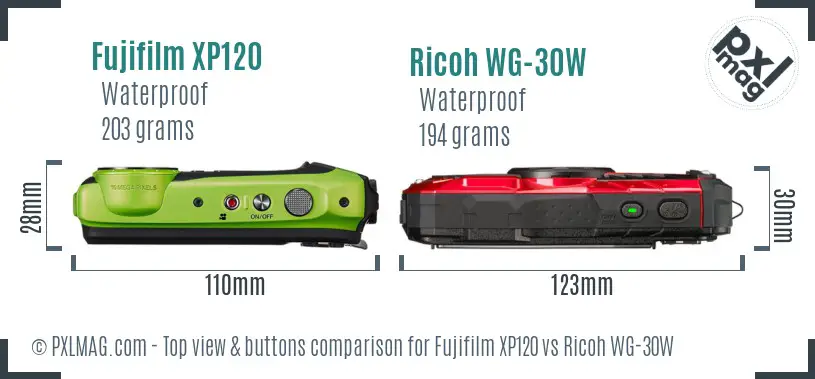 Fujifilm XP120 vs Ricoh WG-30W top view buttons comparison