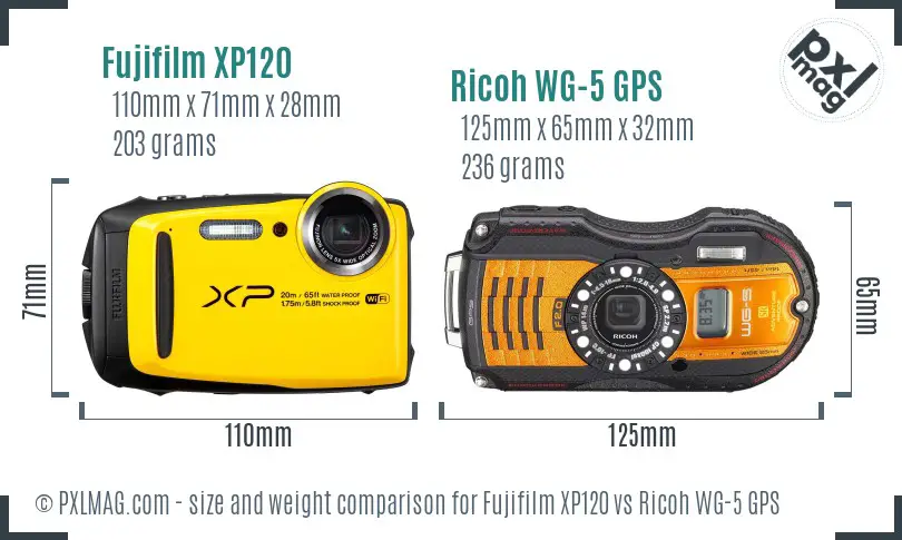 Fujifilm XP120 vs Ricoh WG-5 GPS size comparison