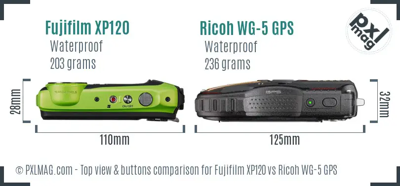 Fujifilm XP120 vs Ricoh WG-5 GPS top view buttons comparison