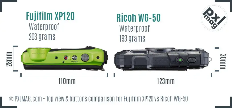 Fujifilm XP120 vs Ricoh WG-50 top view buttons comparison