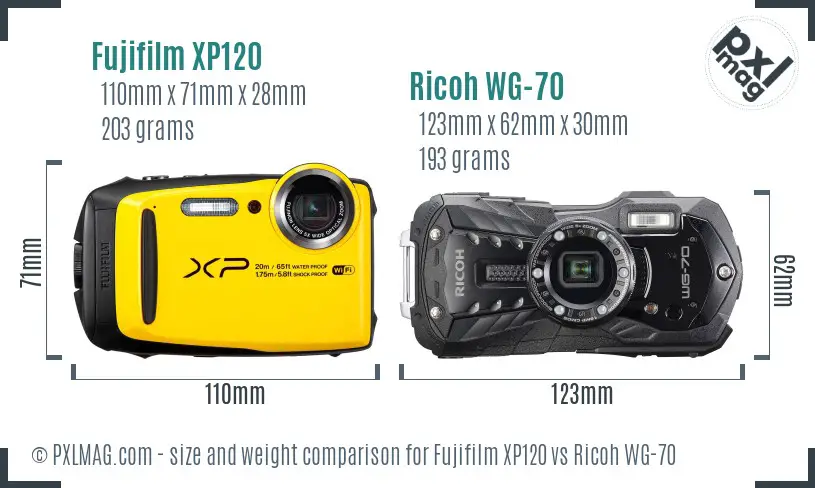 Fujifilm XP120 vs Ricoh WG-70 size comparison