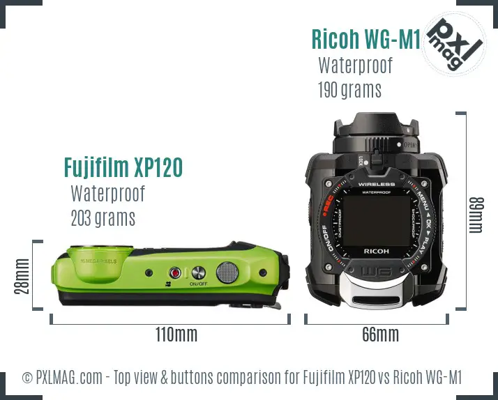 Fujifilm XP120 vs Ricoh WG-M1 top view buttons comparison