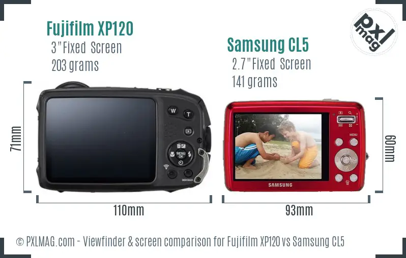 Fujifilm XP120 vs Samsung CL5 Screen and Viewfinder comparison