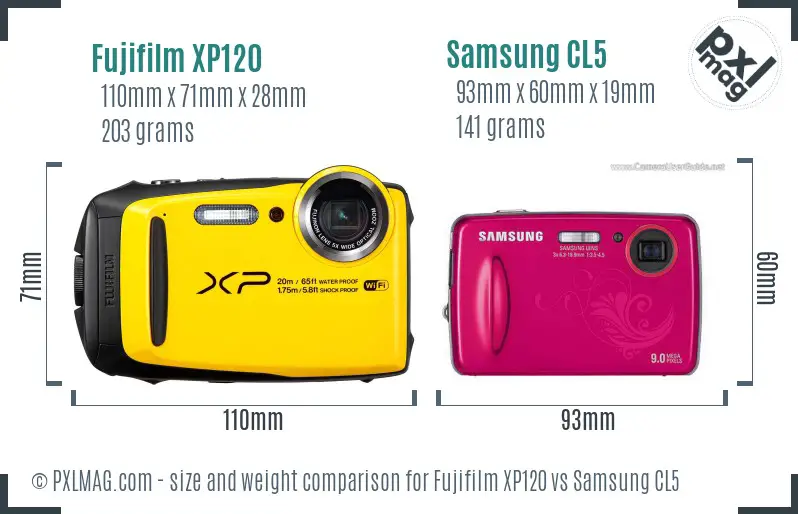 Fujifilm XP120 vs Samsung CL5 size comparison