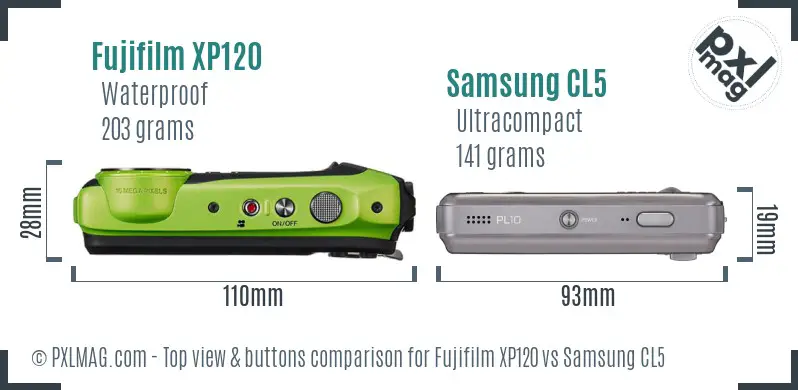 Fujifilm XP120 vs Samsung CL5 top view buttons comparison