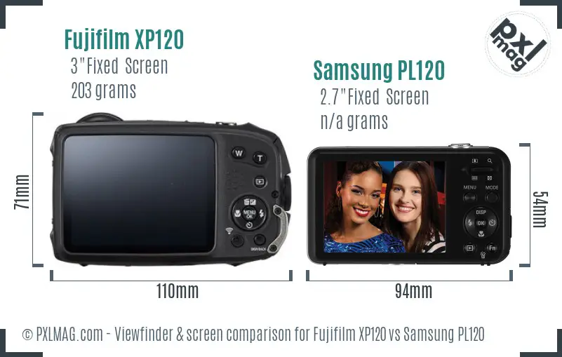 Fujifilm XP120 vs Samsung PL120 Screen and Viewfinder comparison