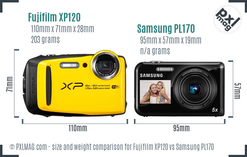 Fujifilm XP120 vs Samsung PL170 size comparison