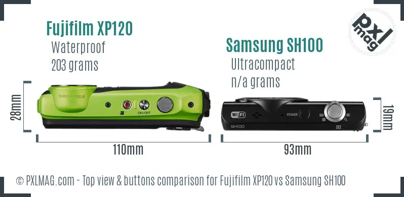 Fujifilm XP120 vs Samsung SH100 top view buttons comparison
