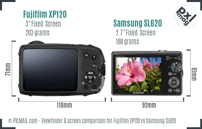 Fujifilm XP120 vs Samsung SL620 Screen and Viewfinder comparison