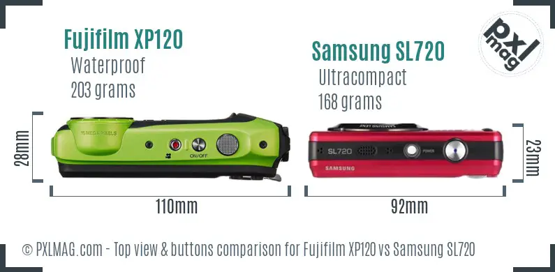 Fujifilm XP120 vs Samsung SL720 top view buttons comparison