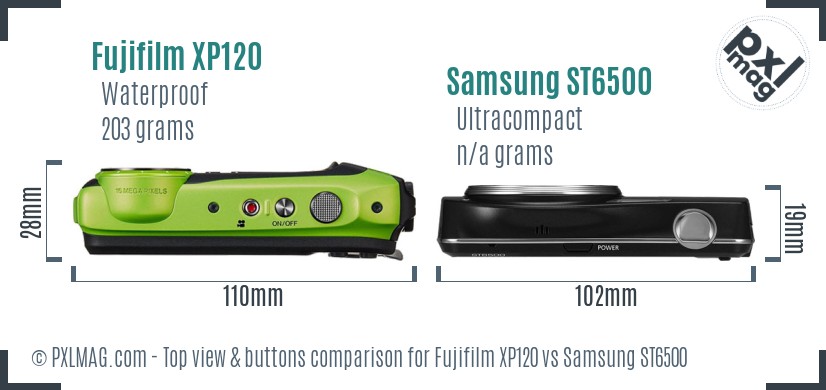 Fujifilm XP120 vs Samsung ST6500 top view buttons comparison