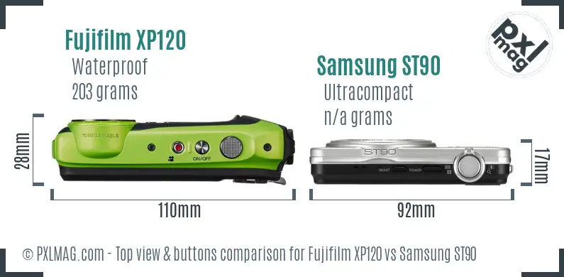 Fujifilm XP120 vs Samsung ST90 top view buttons comparison Fujifilm XP120 vs Samsung ST90 top view buttons comparison